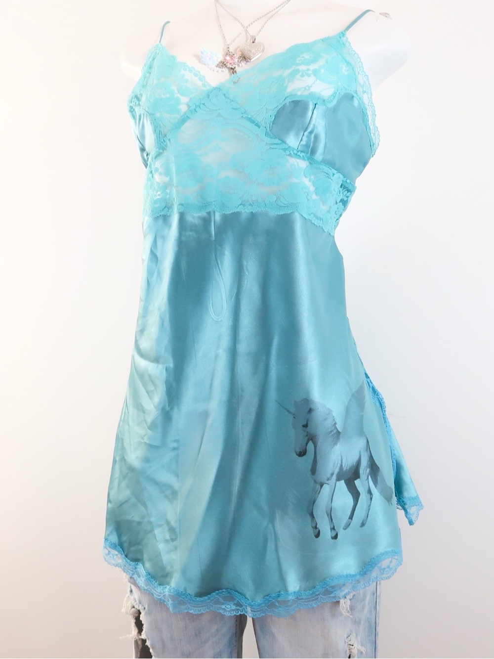 y2k blue unicorn satin slip dress lace lingerie fairycore mini dress